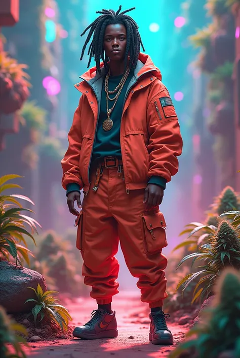 design a 3d quantum personified character. this character thick dreadlocks and dressed like 90s hip hop. setting exotic environment were potent cannabis strains colorfully grow wildly in this majical futuristic world. this character is trained in the art o...