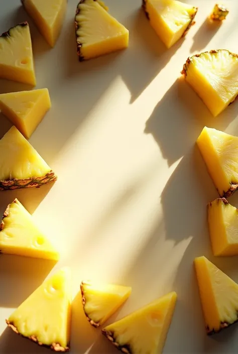 chopped pineapple pieces on a table placed around the entire photo frame leaving space in the center, with reflections of sunlight entering the kitchen. the photo is taken from above