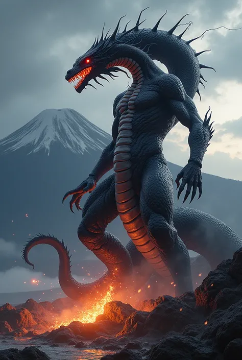 Draw a fusion of Venom, fireball and lightning。Venom emphasizes。Mount Fuji in the background