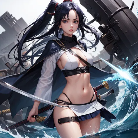 A 20-year-old woman,defined body,Samurai,messy dark blue hair,skin fair,left eye patch,roupas Samurais longas,holding a longsword,water powers 