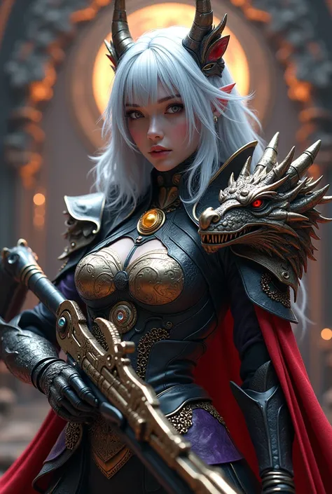 Surreal　Very detailed　Ultra Fantasy　Ultimate Details　Ultra-high resolution　8K 32k 3D 　Clear Eyes　Silver Hair　　　Assassin　Gorgeous, textured and intricately designed armor　Dragon head on right shoulder　mechanical engineering　Mechanic Art　　.　intricate and ela...