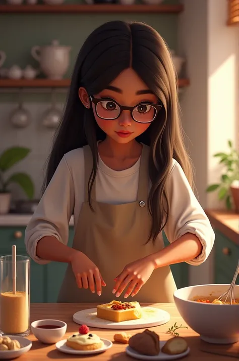 A dark-skinned girl with glasses and long brown straight hair cooking a dessert