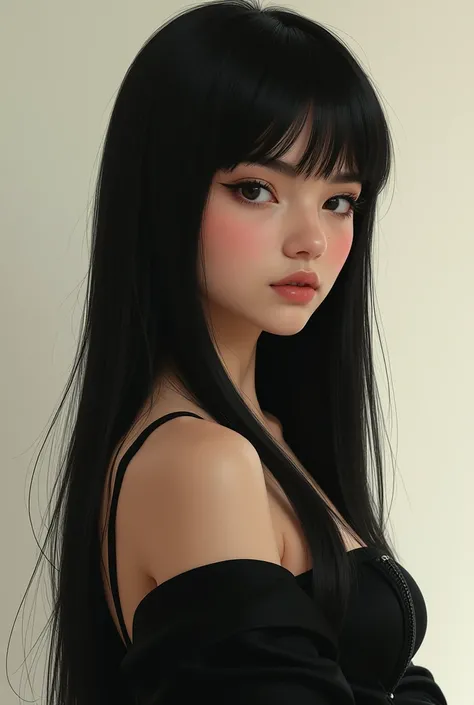 Woman with straight black hair and bangs. Ful body