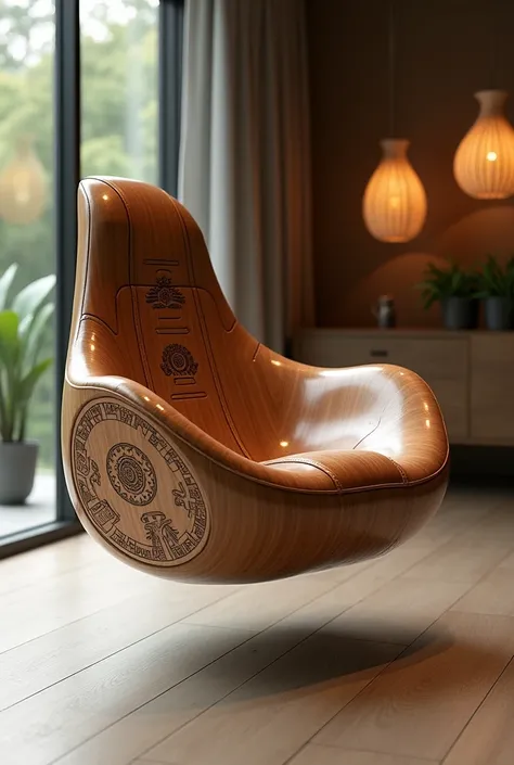 An ergonomic magnetic levitation floating chair made of wood and renewable plastic materials with pre-Columbian patterns with a holographic panel to control the house and futuristic and wooden colors.