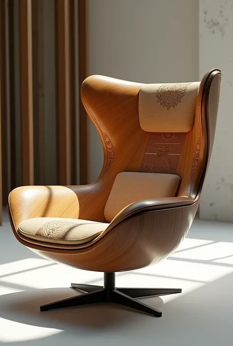 An ergonomic magnetic levitation floating chair made of wood and renewable plastic materials with pre-Columbian patterns with a holographic panel to control the house and futuristic and wooden colors.