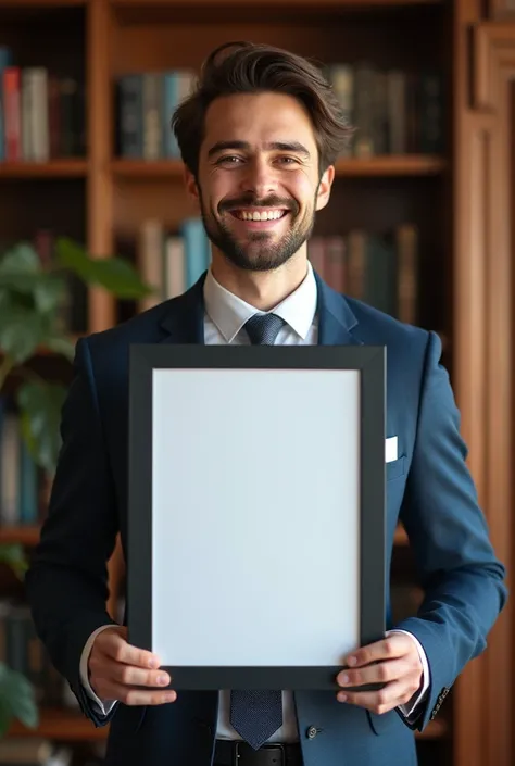  young smiling man without facial hair in suit holding up a framed document in front of a bookcase, awarded, awarded photograph,  in office, clear image, winning award photo, very clear picture, , academy headmaster, in one frame, taken with the best dlsr ...