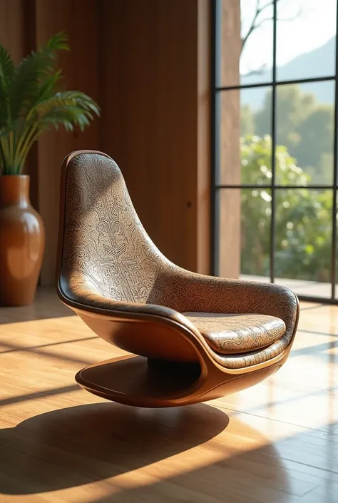 An ergonomic magnetic levitation floating chair made of wood and renewable plastic materials with pre-Columbian patterns with a holographic panel to control the house and futuristic and wooden colors.