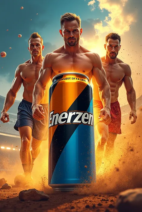 Create sportsmen by grabbing a can of energy drink with the name Enerzen containing the colors gold orange blue and black 