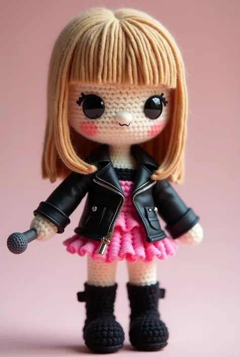 amigurumi, chibi-style, Lisa from Blackpink, with her signature light brown-blonde hair styled in her iconic straight cut with blunt bangs. She’s wearing a stylish black and pink dress with a mix of edgy and cute elements—black leather accents with pink ru...