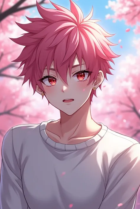 anime character, pink hair, spiky hair, Pale skin, red eyes, Long eyelashes, male, muscular, white small earrings, big glossy lips, cherry blossom trees, grey eyebrows, white sweater, 