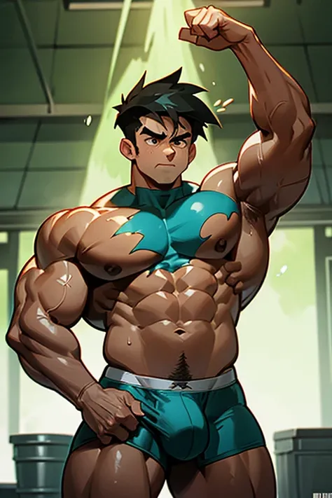 Danny Fenton from Danny Phantom animated series as a big dumb teenage muscular bodybuilder jock in a locker room flexing and staring blankly with mouth gaping open as his eyes glow under hypnosis as he repeats, "Bigger... Dumber.... Must obey.... More like...