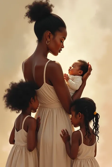 Peux tu crée dans un style peinture, une mère afro de dos qui tient dans ses bras un bébé fille métisse et un bébé garçon métisse. A côté delle il ya 2 enfants filles dâge moyen. Tous de dos stp
