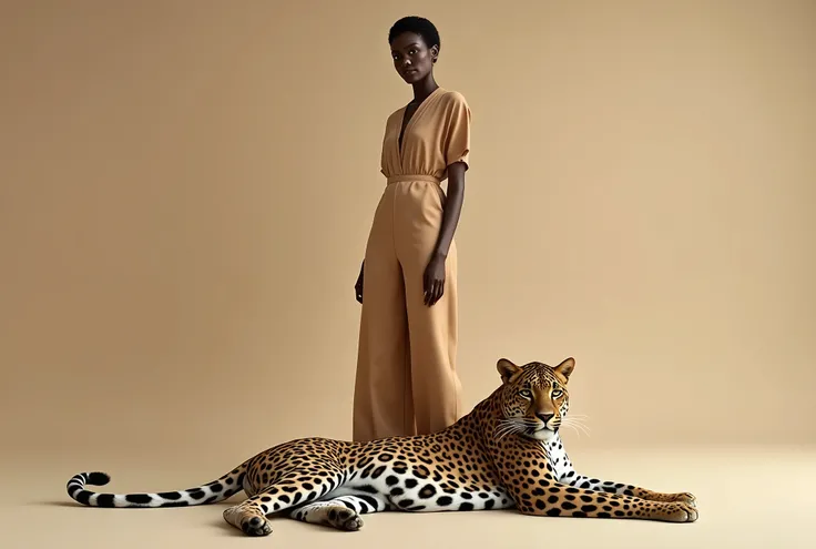 A hyper-realistic high-resolution photograph of a Balenciaga model standing straight against a smooth beige background, with a leopard lying gracefully at the model’s feet. The model’s face is detailed with lifelike skin textures and sharp features, mainta...