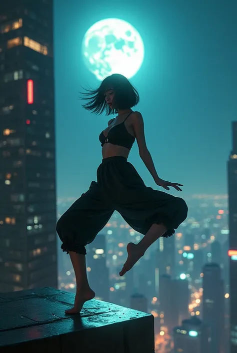 photo-realistic, dramatic scene, cinematic scene, masterpiece, (extremely beautiful Japanese boyish fat girl), professional dancer, full body, acrobatic pose, dynamic angle, breakdancing at the top of the tallest building, on the dangerous edge, amazing vi...