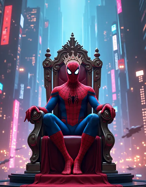 Spider man sitting on a throne with a crown on his head and smoking futuristic cyberpunk neon city