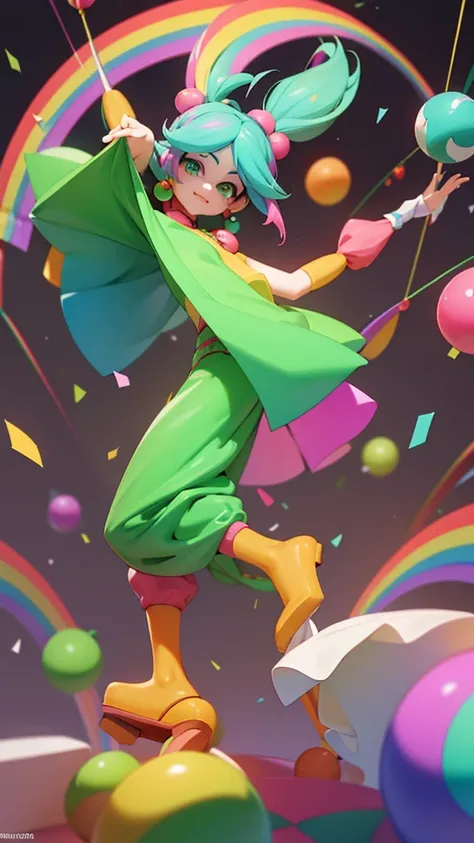 ((best quality)) , ((masterpiece)) , (detailed),A dark fantasy video game art style cartoon of an anthropomorphic clown with rainbow hair and green eyes juggling. On the ground is a colorful dance floor that has disco balls, confetti flying in the air, and...