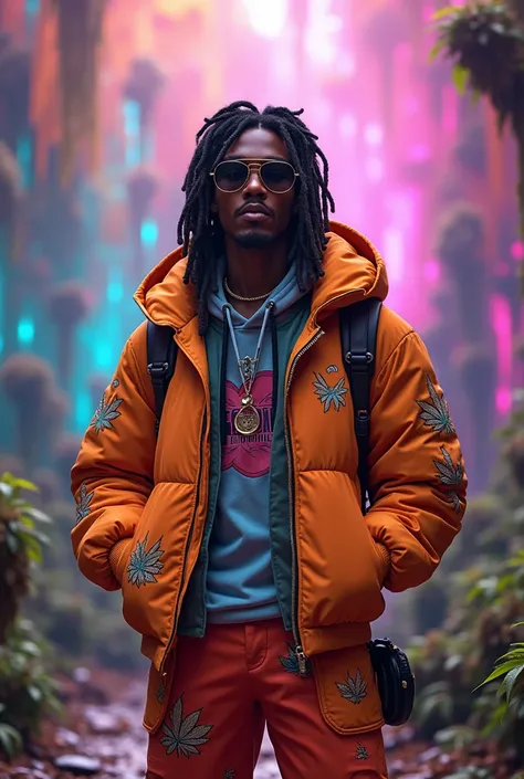 design a 3d quantum personified character. this character thick dreadlocks and dressed like 90s hip hop. setting exotic environment were potent cannabis strains colorfully grow wildly in this majical futuristic world. this character is trained in the art o...