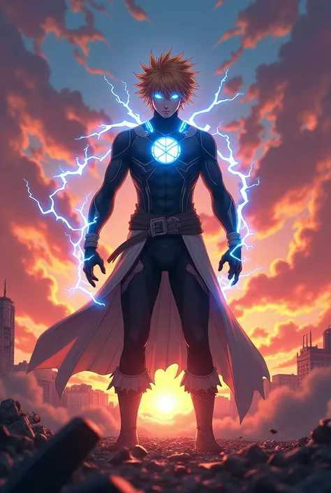 Flying Evil Ichigo in homelander  suit with eyes with blue electric power with bleach hair and destroying people in sunsets 