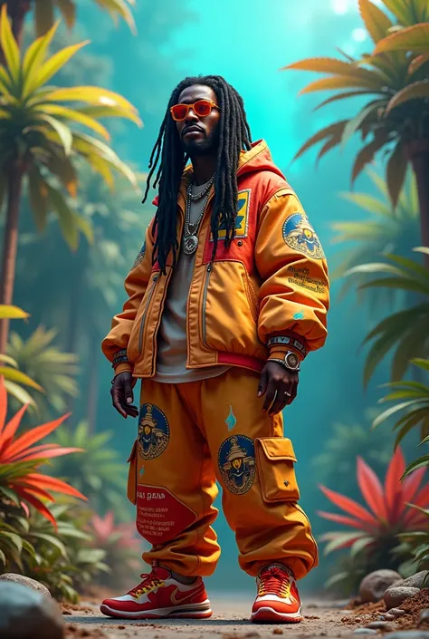 design a 3d quantum personified character. this character thick dreadlocks and dressed like 90s hip hop. setting exotic environment were potent cannabis strains colorfully grow wildly in this majical futuristic world. this character is trained in the art o...