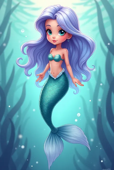 create for me a mermaid with delicate cartoon features, hand-drawn and hand-painted, very cute , she has lilac and blue hair, your eyes look like an ocean. do it full body, its tail has scales with a unique shine.