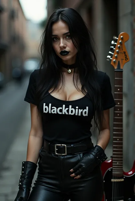 Black lipstick beautiful, full body, gothic, rocker, wearing a t-shirt with the text "Blackbird", leather boots, an electric guitar behind her, HD, super realistic, photography, Canon Rebel, nice pretty body, gothic outfit, rockstar feel, cleavage