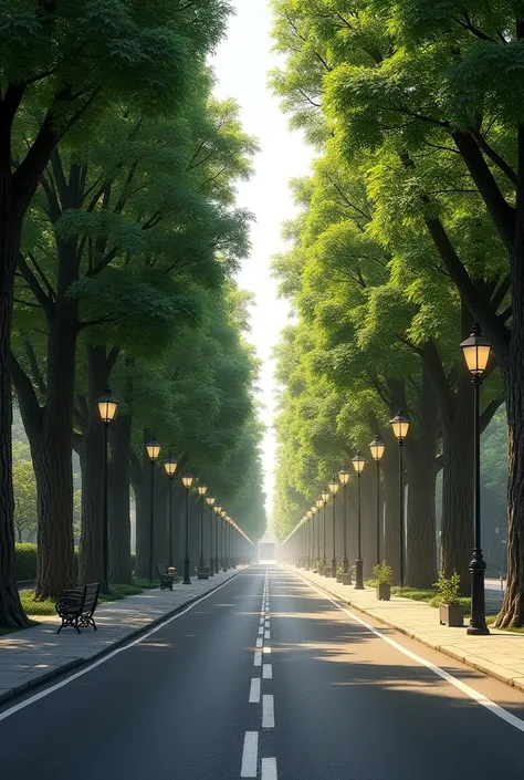 Create 3 tree-lined boulevards on a one-way road with a distance of 300 meters long and 20 meters wide