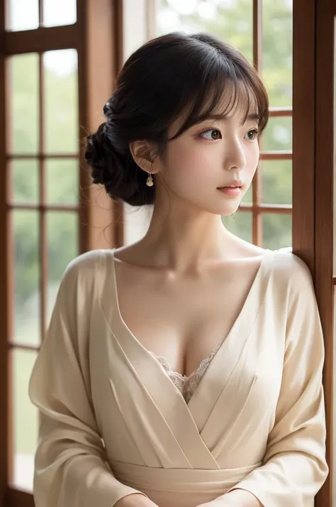 An elegantly dressed Japanese woman in natural light、A close-up of her chest and calm expression.、It shows her inner peace and outer charm.。