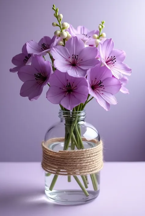 This image is、Purpleの花が美しく飾られたガラスの瓶を示しています。The bottle is wrapped with hemp string.、It creates a natural atmosphere。花は淡いPurpleで、Some flowers are blooming、The overall impression is one of elegance and calm.。The background has a faint hue。Purple。violet。