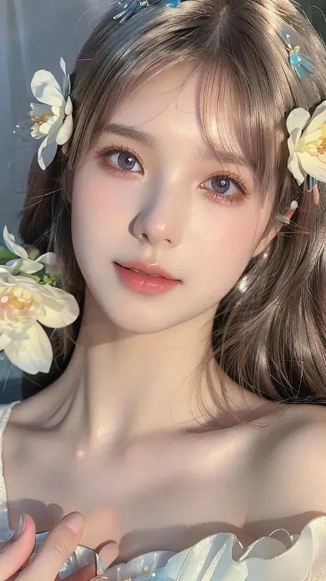 A beautiful young woman, delicate facial features, long eyelashes, full lips, elegant expression, flower petals gently peeling off her face, soft lighting, pastel colors, ethereal atmosphere, detailed skin texture, cinematic composition, highly detailed, p...