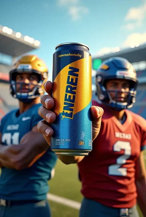 Create football players holding a can of energy drink with the name Enerzen containing the colors gold, orange, blue and black 