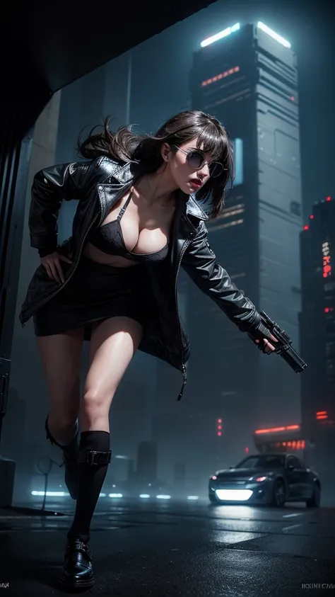 (Wide angle view). Blade Runner style futuristic city, simple outlined neon buildings, flying cars, lightning, 3d rendering Beeple. At night, (1girl, solo, alone), photorealistic, medium-breast slim:0.6 body, oval:0.5 face, cleavage:1.1, sexy black laced b...