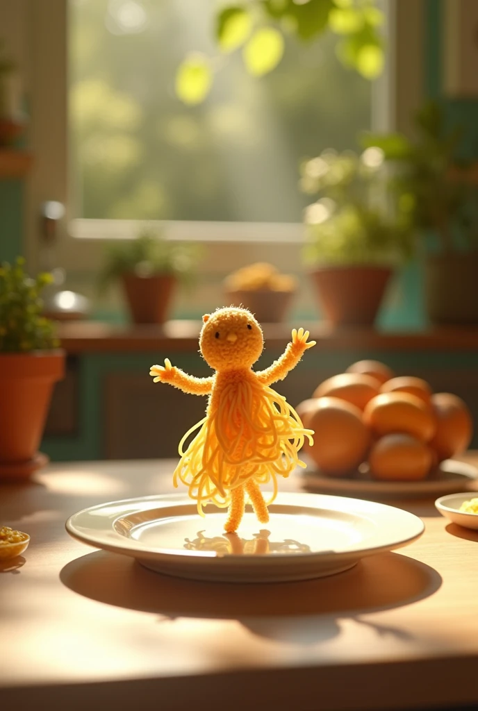 A whimsical miniature figure composed of delicately arranged noodles, poised in a carefree dance on the rim of a plate, white shiny plate, set on a table, vibrant kitchen backdrop, where dappled sunlight filters through the canopy above, casting intricate ...