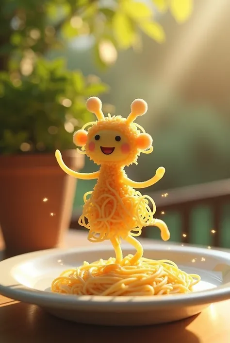 A whimsical miniature figure composed of delicately arranged noodles, poised in a carefree dance on the rim of a plate, white shiny plate, set on a table, vibrant kitchen backdrop, where dappled sunlight filters through the canopy above, casting intricate ...