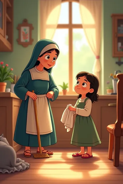 Santa Rosa de Lima helping her mother with household chores. Animated for children

