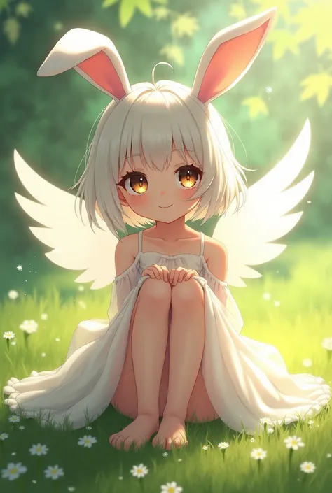 ((masterpiece,best quality)),1girl, white hair, small, short, solo, animal ears, rabbit, barefoot, knees up, dress, sitting, rabbit ears, short sleeves, looking at viewer, grass, short hair, smile, puffy sleeves, outdoors, puffy short sleeves, bangs, on gr...