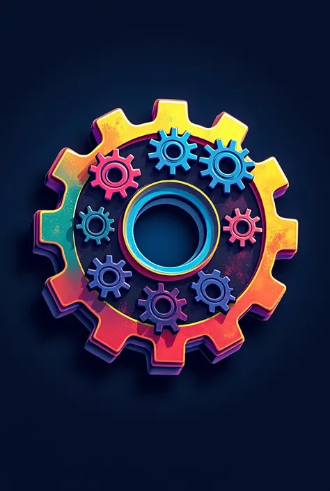 Make me a logo for the company TOY FACTORY where the letter “o” is replaced by gears, and where the main element is a gear, The main colors are, blue, orange, green and yellow, In neon, the typography is like toys 