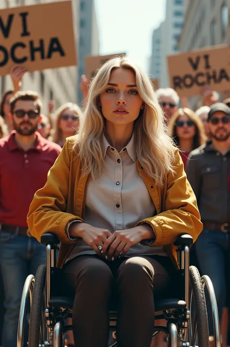 A white woman with blonde hair in a wheelchair with a crowd behind her holding signs with the name Vi Rocha