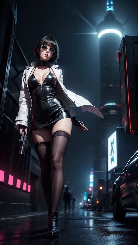 (Wide angle view). Blade Runner style futuristic city, simple outlined neon buildings, glowing giant clock tower, flying cars, lightning, 3d rendering Beeple. At night, (1girl, solo, alone), photorealistic, medium-breast slim:0.6 body, oval:0.5 face, cleav...