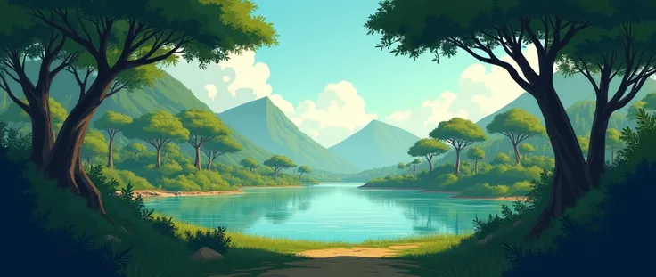 African forest without people distant horizon lake movie scene theatrical perspective cartoon style