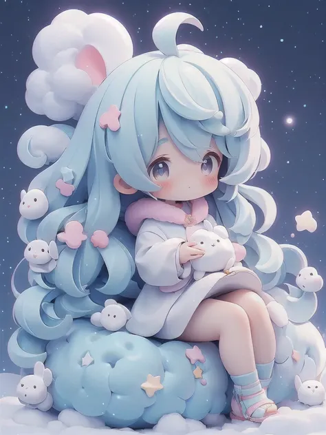 masterpiece, top quality, cute, anime, sit on the crescent and look at the sky, Little, skip your hair, look sideways at me with a cute rabbit (night sky: 1.25), young, starry and endless sky. night. summer. floating hair. cumulonimbus clouds. forest. tree...