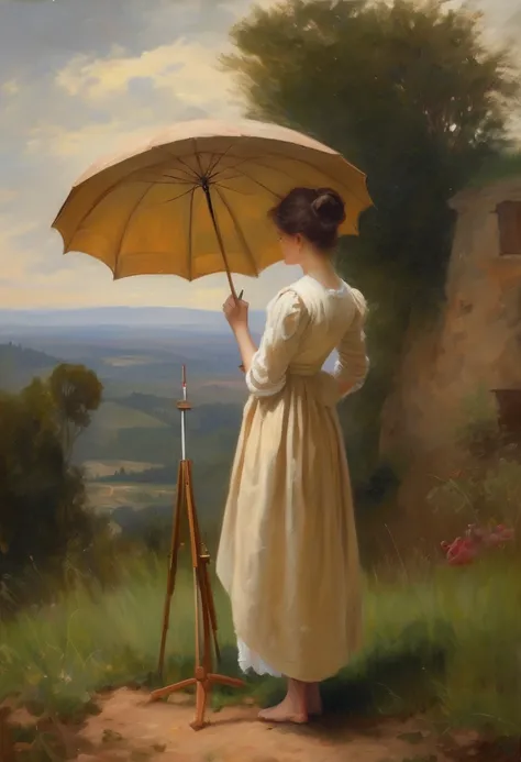 Painting of a beautiful young woman, standing, holding a brush, in front of a painting easel, under the protection of a large umbrella fixed to the ground, on top of a small hill, observing the beautiful valley before him, soft and gentle lighting, oil pai...