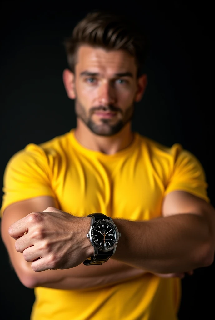 Cool guy in a yellow t-shirt, pumped up, European appearance, SHOWS THE VIEWER WITH ONE HAND IN CLOSE UP AT HIS WATCH ON THE OTHER HAND, Black background, professional photo, high detail, skin texture