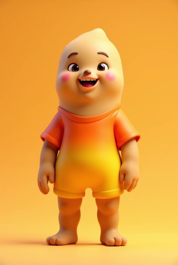 generate an anthropomorphic churro that is tender and a little elongated, who wears an orange shirt with a yellow gradient and yellow shorts, He is standing smiling and the background is a light orange