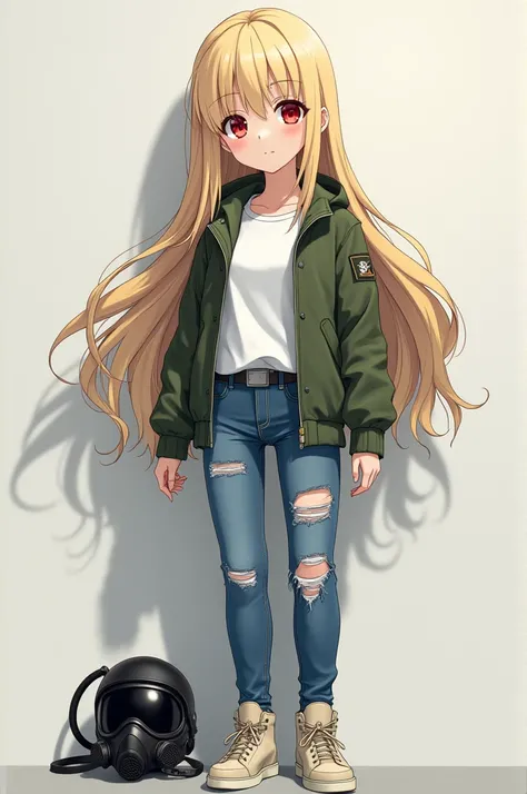 A beautiful Japanese anime girl with blonde  hair and smooth  pale  skin with red eyes  she has medium sized chest and wears a white shirt with  blue ripped jeans and white  Beige sneakers and had a green bomber jacket on  with a black us Air Force HGU-55 ...