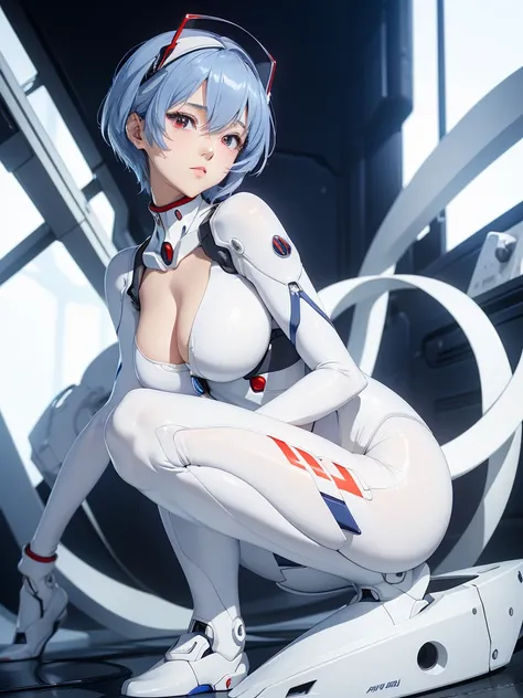 (masterpiece, Highest quality, Very detailed, 8k, wallpaper, Realistic), ((Perfect hands)), ((Perfect Anatomy)), Medium cleavage, Long, round legs, Round ass, ((Attractive anime)), ((Rei Ayanami)), ((Capture her mysterious beauty with her white skin, Short...