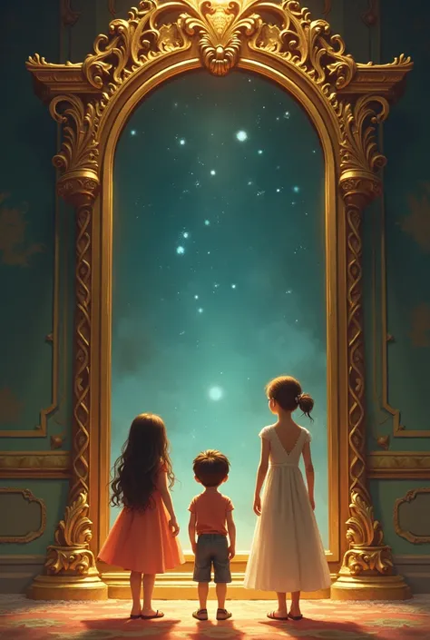 Two girls and a boy stand in front of a giant mirror 
