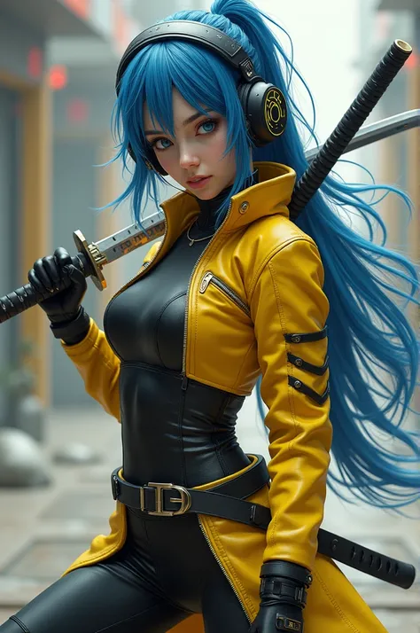 Ninja girl with long blue hair, full body,with headphones on and two katanas crossed on his back,warrior pose and yellow and black leather outfit.