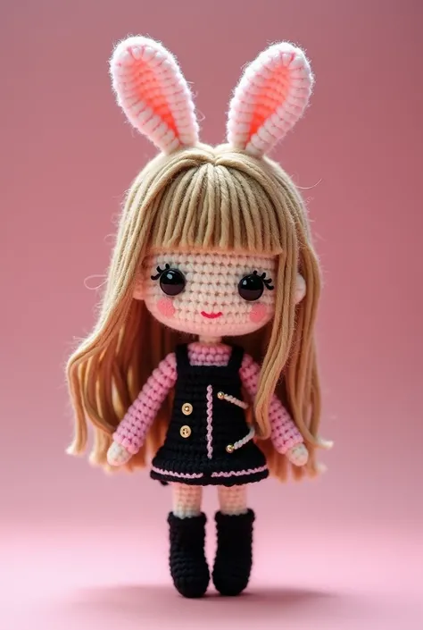 amigurumi , chibi-style,  Lisa from Blackpink, with her signature light brown-blonde hair styled in her iconic straight cut with blunt bangs, flowing down to her waist. She’s wearing a stylish black and pink dress with a mix of edgy and cute elements—. On ...