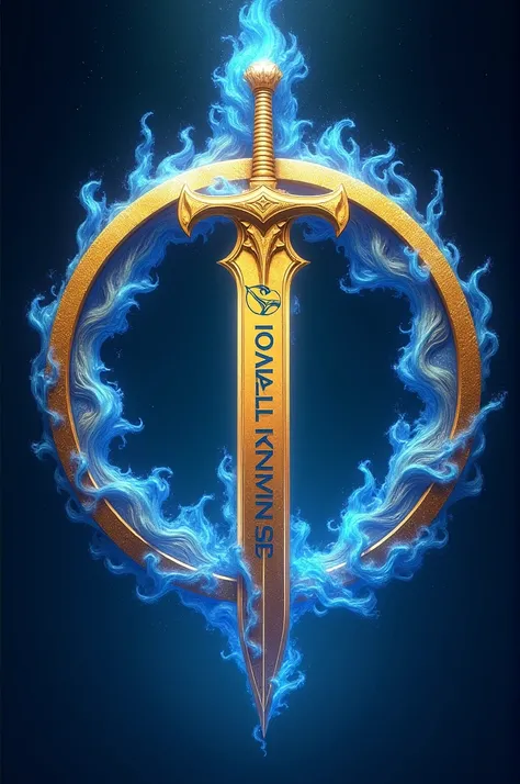 A golden circle with blue fire with. A sword in the middle that says sky fall admins and is gold with a dark blue background