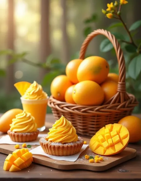 photo realism (1.2). On a table in a basket fresh mangoes and desserts and mango ice cream 